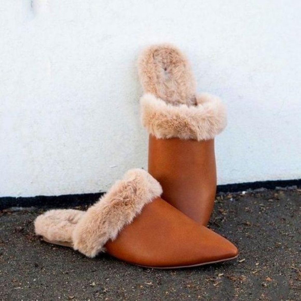 Faux Fur Lined Pointed Toe Mule in Tan - Picture 4 of 6
